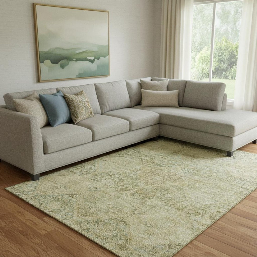 HomeRoots 8' X 10' Stylish Fern and Olive Green Geometric Washable Area Rug with UV Protection for Home Use 699943