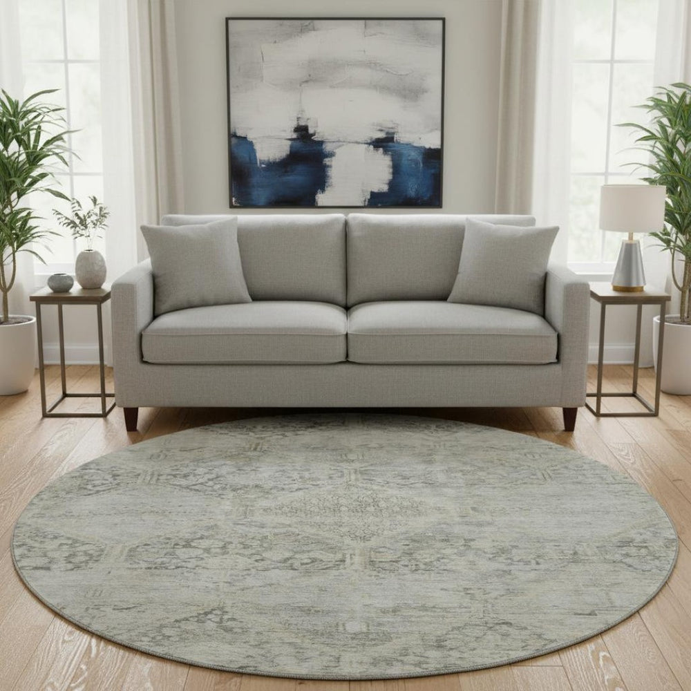 HomeRoots 8' Pewter Gray & Silver Geometric Washable Round Rug – UV Protected, Durable & Stylish Home Essential 699948