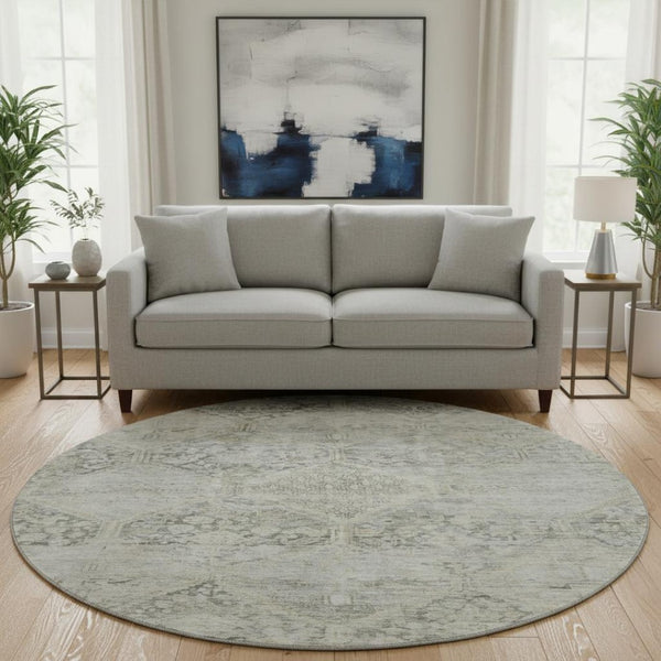 HomeRoots 8' Pewter Gray & Silver Geometric Washable Round Rug – UV Protected, Durable & Stylish Home Essential 699948