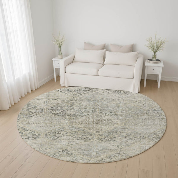 HomeRoots 8' Pewter Gray & Silver Geometric Washable Round Rug – UV Protected, Durable & Stylish Home Essential 699948