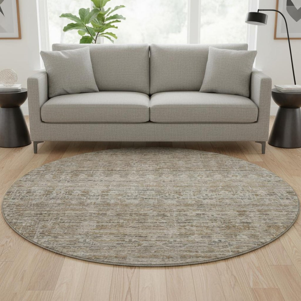 HomeRoots 8' Washable Round Rug in Brown & Beige Stripes - UV Protected, Stain Resistant, Non-Slip Design! 699954