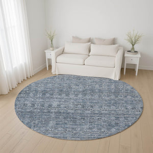 HomeRoots 8' Blue and Gray Striped Washable Round Rug – UV Protected, Soft, Durable, Perfect for Any Room! 699960