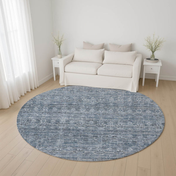 HomeRoots 8' Blue and Gray Striped Washable Round Rug – UV Protected, Soft, Durable, Perfect for Any Room! 699960