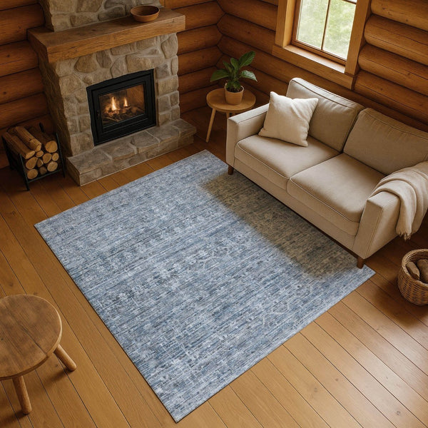 HomeRoots 9' X 12' Stylish Blue and Gray Striped Washable Area Rug with UV Protection for Family Living Spaces 699962