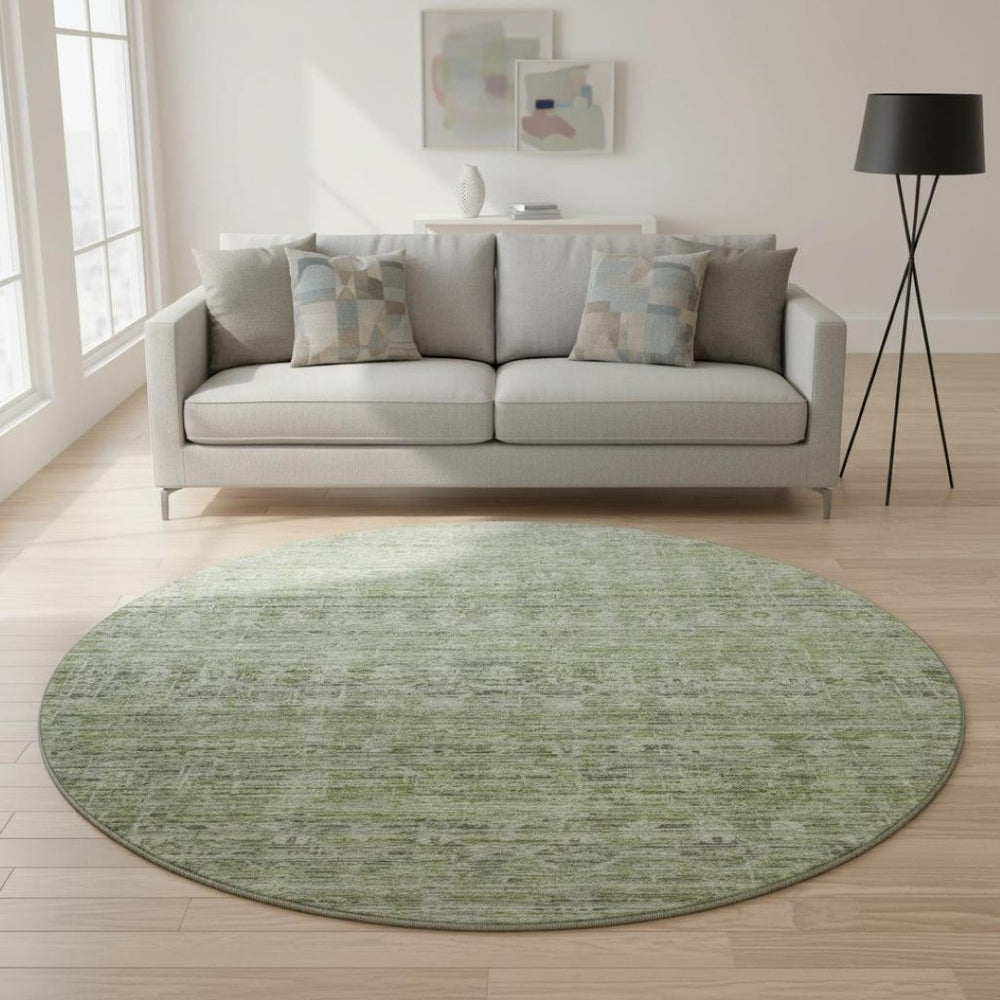 HomeRoots 8' Green And Gray Striped Washable Round Rug – UV Protected, Durable, Easy-Clean, Stylish Décor Piece 699966