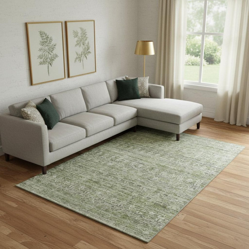 HomeRoots 10' X 14' Washable Green and Gray Striped Area Rug - Durable, UV-Protected, Stain-Resistant Design 699969