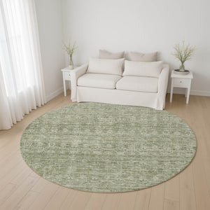 HomeRoots 8' Sage and Beige Striped Washable Round Rug – UV Resistant, Stain-Proof, Perfect for Family Spaces! 699972
