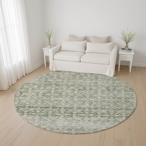 HomeRoots 8' Stylish Green Gold & Ivory Striped Washable Round Rug with UV Protection for Modern Homes 699996