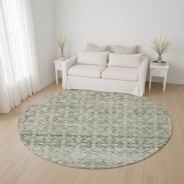 HomeRoots 8' Stylish Green Gold & Ivory Striped Washable Round Rug with UV Protection for Modern Homes 699996