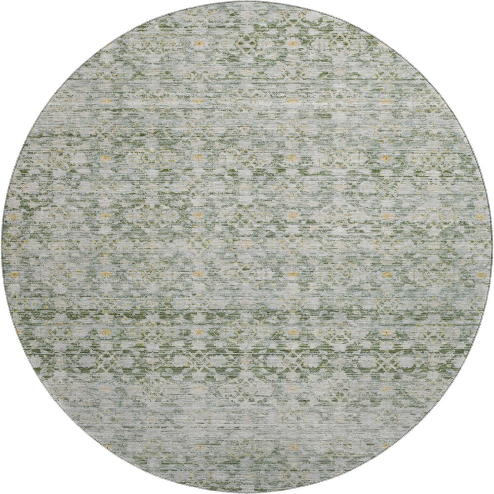 HomeRoots 8' Stylish Green Gold & Ivory Striped Washable Round Rug with UV Protection for Modern Homes 699996