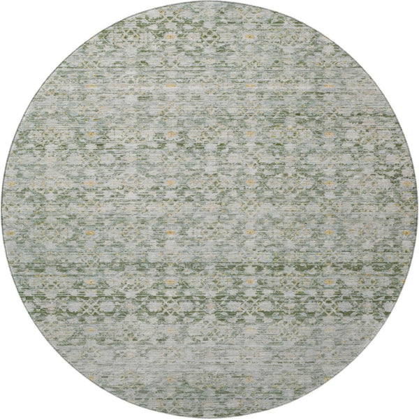 HomeRoots 8' Stylish Green Gold & Ivory Striped Washable Round Rug with UV Protection for Modern Homes 699996
