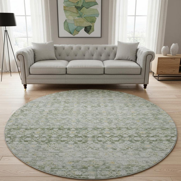 HomeRoots 8' Stylish Green Gold & Ivory Striped Washable Round Rug with UV Protection for Modern Homes 699996