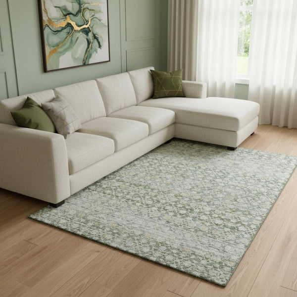 HomeRoots 8' X 10' Washable Green Gold Ivory Striped Area Rug with UV Protection for Stylish Home Decor 699997
