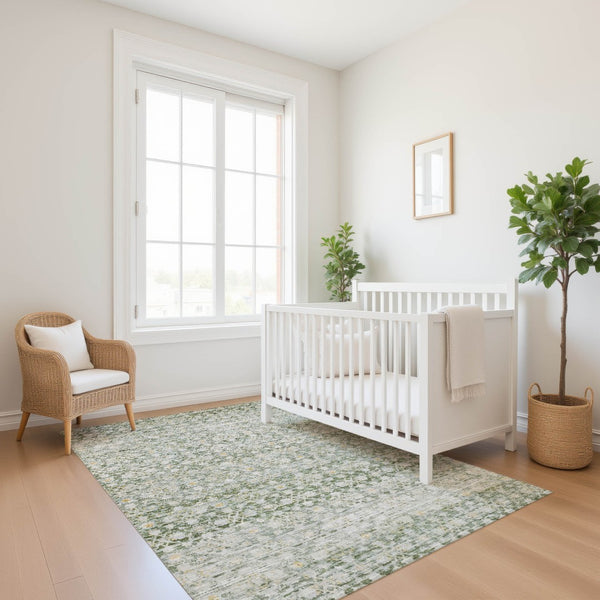 HomeRoots 9' X 12' Striped Area Rug in Green, Gold & Ivory - Washable, UV-Protected, Kid & Pet Friendly! 699998