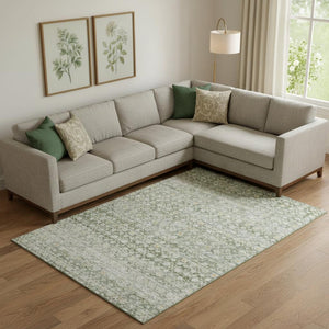 HomeRoots 10' X 14' Stylish Green Gold Ivory Striped Washable Area Rug - Durable, UV Protected & Stain-Resistant 699999