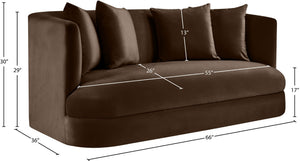 Meridian Furniture Alder Plush Velvet Loveseat with Rounded Arms and Solid Wood Frame for Modern Living Rooms Brown 699Brown-L