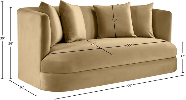 Meridian Furniture Alder Plush Velvet Loveseat with Rounded Arms and Solid Wood Frame for Modern Living Rooms Camel 699Camel-L