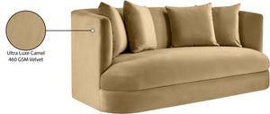 Meridian Furniture Alder Plush Velvet Loveseat with Rounded Arms and Solid Wood Frame for Modern Living Rooms Camel 699Camel-L