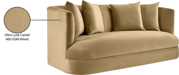 Meridian Furniture Alder Plush Velvet Loveseat with Rounded Arms and Solid Wood Frame for Modern Living Rooms Camel 699Camel-L