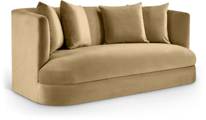 Meridian Furniture Alder Plush Velvet Loveseat with Rounded Arms and Solid Wood Frame for Modern Living Rooms Camel 699Camel-L