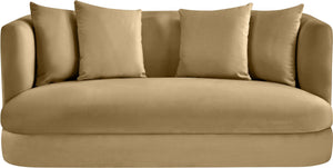 Meridian Furniture Alder Plush Velvet Loveseat with Rounded Arms and Solid Wood Frame for Modern Living Rooms Camel 699Camel-L