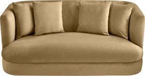 Meridian Furniture Alder Plush Velvet Loveseat with Rounded Arms and Solid Wood Frame for Modern Living Rooms Camel 699Camel-L