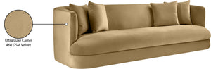 Meridian Furniture Alder Curved Velvet Three Seat Sofa with Solid Wood Frame for Modern Living Rooms Camel 699Camel-S