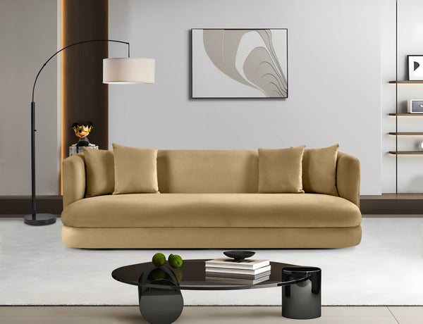 Meridian Furniture Alder Curved Velvet Three Seat Sofa with Solid Wood Frame for Modern Living Rooms Camel 699Camel-S