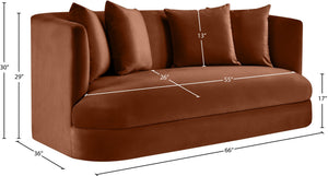 Meridian Furniture Alder Plush Velvet Loveseat with Rounded Arms and Solid Wood Frame for Modern Living Rooms Cognac 699Cognac-L