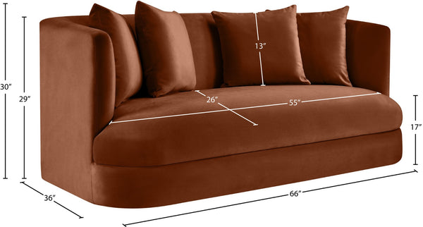 Meridian Furniture Alder Plush Velvet Loveseat with Rounded Arms and Solid Wood Frame for Modern Living Rooms Cognac 699Cognac-L