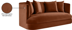 Meridian Furniture Alder Plush Velvet Loveseat with Rounded Arms and Solid Wood Frame for Modern Living Rooms Cognac 699Cognac-L