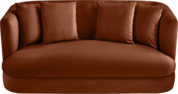 Meridian Furniture Alder Plush Velvet Loveseat with Rounded Arms and Solid Wood Frame for Modern Living Rooms Cognac 699Cognac-L