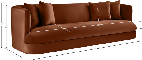 Meridian Furniture Alder Curved Velvet Three Seat Sofa with Solid Wood Frame for Modern Living Rooms Cognac 699Cognac-S