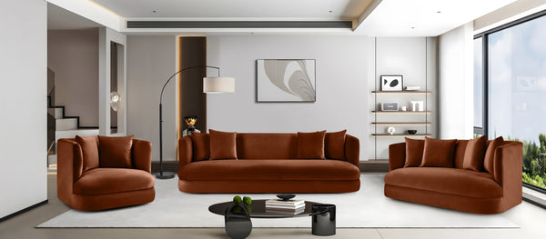 Meridian Furniture Alder Curved Velvet Three Seat Sofa with Solid Wood Frame for Modern Living Rooms Cognac 699Cognac-S