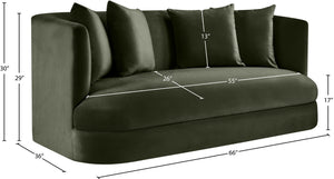 Meridian Furniture Alder Plush Velvet Loveseat with Rounded Arms and Solid Wood Frame for Modern Living Rooms Green 699Green-L