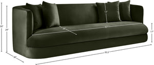 Meridian Furniture Alder Curved Velvet Three Seat Sofa with Solid Wood Frame for Modern Living Rooms Green 699Green-S