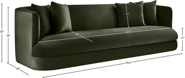 Meridian Furniture Alder Curved Velvet Three Seat Sofa with Solid Wood Frame for Modern Living Rooms Green 699Green-S