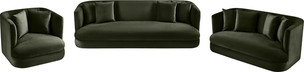 Meridian Furniture Alder Curved Velvet Three Seat Sofa with Solid Wood Frame for Modern Living Rooms Green 699Green-S