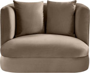 Meridian Furniture Alder Barrel Accent Chair Plush Velvet Upholstery Curved Frame for Modern Living Rooms Taupe 699Taupe-C