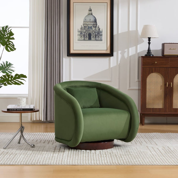 English Elm Swivel Barrel Chair Pumpkin Sculptural Velvet Upholstered with Walnut Wood Round Base Green W3244P427740