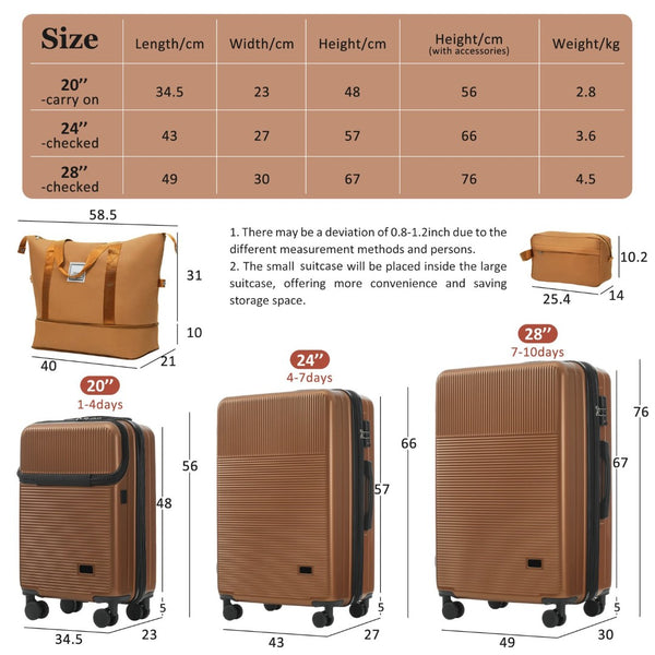 English Elm Luggage 5 Piece Hardside Abs Set with Front Access Carry on and Tsa Spinner Wheels Brown N732P391579O