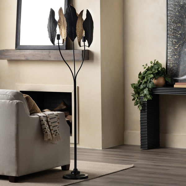 Crestview Collection 66.25"H Metal Floor Lamp - Elegant Palm Leaf Design With Gold Interior & Triple Light Torchiere   Cvazer181