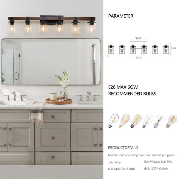 English Elm 42" Rustic 6-Light Vanity Light - Farmhouse Industrial Wall Sconce with Wood Accent & Clear Glass Shades W2312P374785