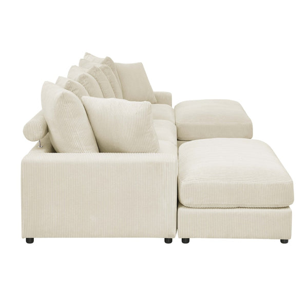 English Elm Reversible Corduroy Sectional with Ottoman Foam Cushions and Contrast Stitching Ivory B343S00049