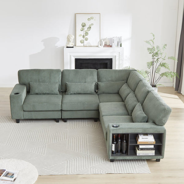 English Elm 102.75*102.75" L-Shaped Modular Sectional Sofa with Corduroy Upholstery, Storage Arm, Cup Holder, 5-Seat Convertible Lounge Green W1926S00054