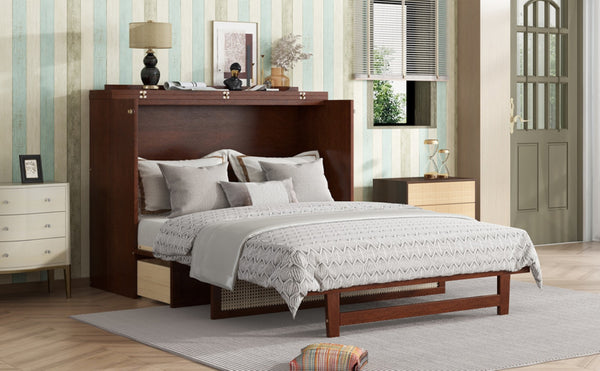 English Elm Queen Size Murphy Bed - Stylish Walnut Pine Cabinet With Rattan Accents & Full-Width Storage Drawer W504S00231-GIGA