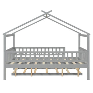 English Elm Full Size Pine House Bed with Roofline Frame and Roll Out Twin Trundle for Kids Gray LP100306AAE