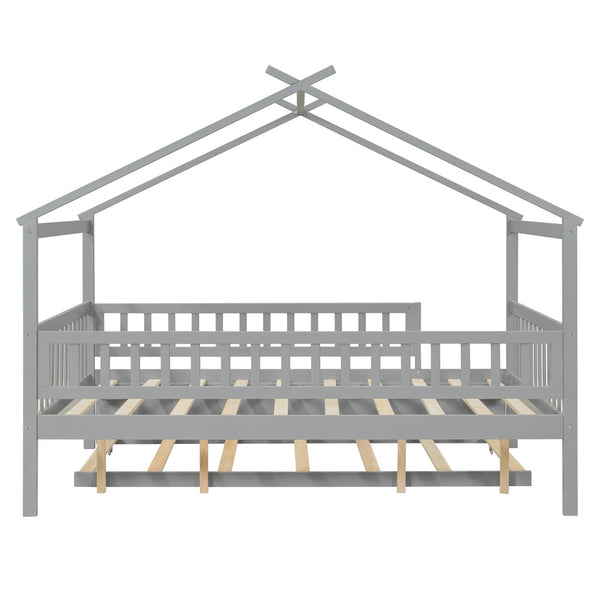 English Elm Full Size Pine House Bed with Roofline Frame and Roll Out Twin Trundle for Kids Gray LP100306AAE