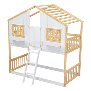 English Elm Twin House Bunk Bed with Roof, Window Box, Door, Guardrails & Ladder—Sturdy Pine Playful Design for Kids Natural+White W504S00147