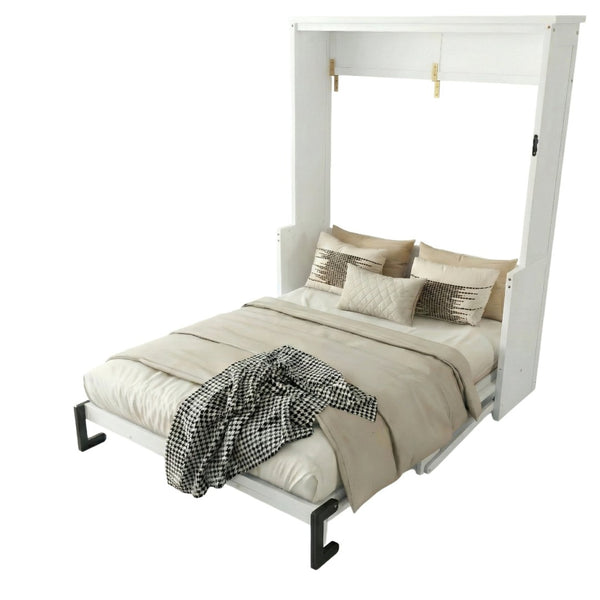 English Elm Queen Murphy Wall Bed with Integrated Desk Gas Strut Lift White Cabinet for Small Spaces W504S00282